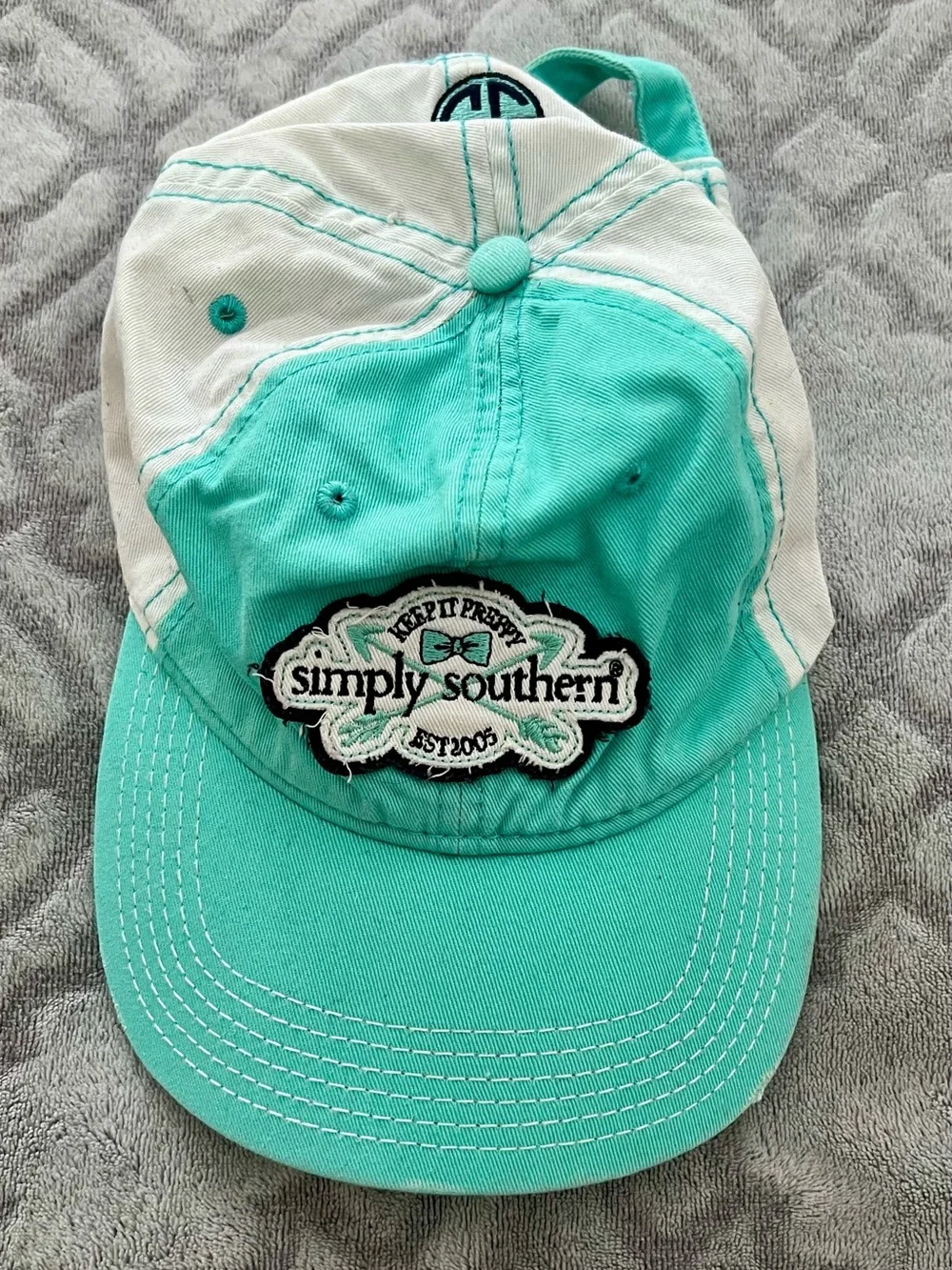 Simply Southern Patchwork Aqua White Baseball Cap Adjustable Preppy Hat